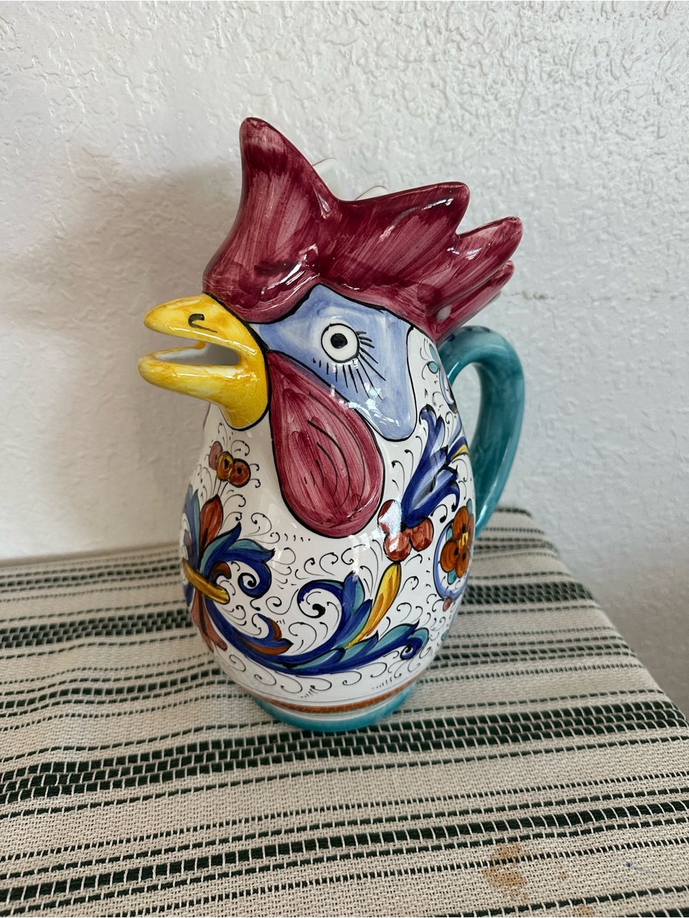 Hand-Painted Ceramic Rooster Pitcher in Multicolor